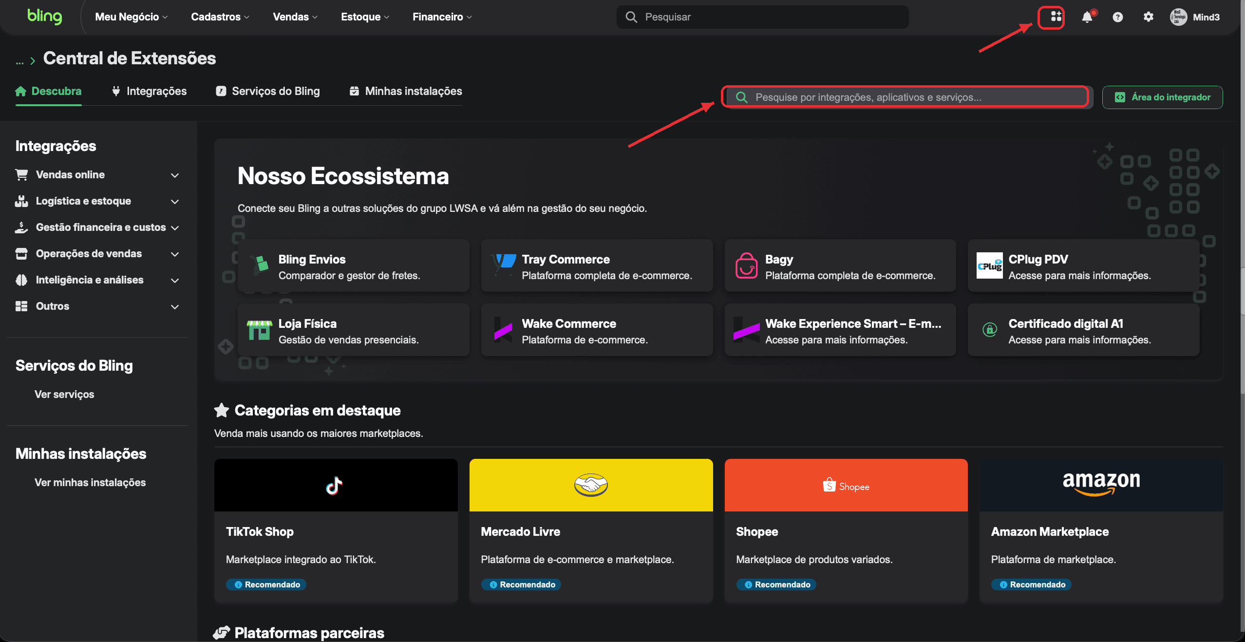 Central de Extensões do Bling, com o ícone de aplicativos e a barra de pesquisa destacados