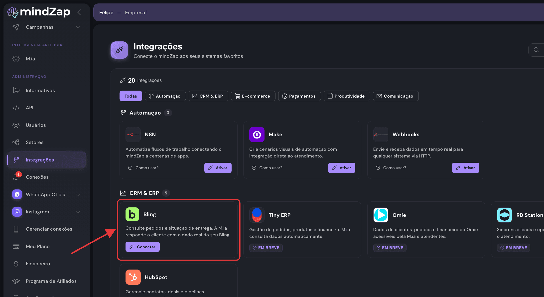 Tela de integrações do mindZap com o card do Bling destacado