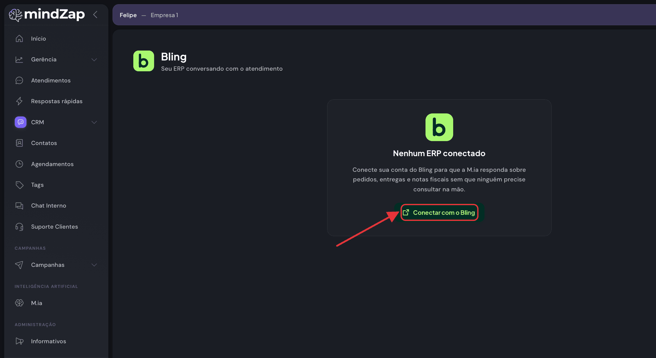 Tela do Bling no mindZap com o botão Conectar com o Bling destacado